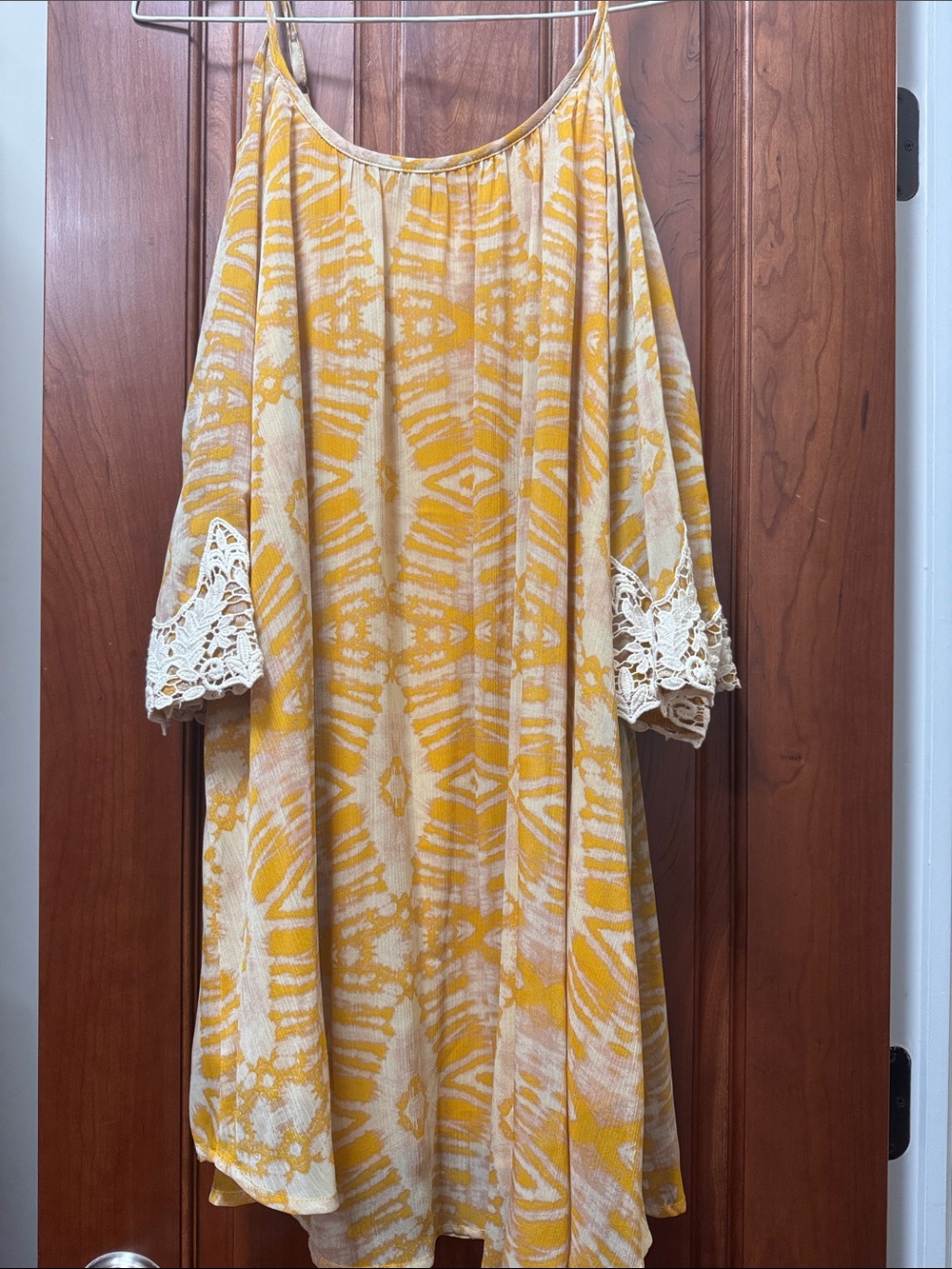 Xhilaration Yellow Tie-Dye Off-Shoulder Dress with Crochet Trim
